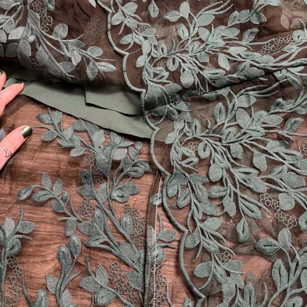Y2K Vintage Embroidered Floral Foliage Tulle Midi Skirt (Forest Green) L/XL